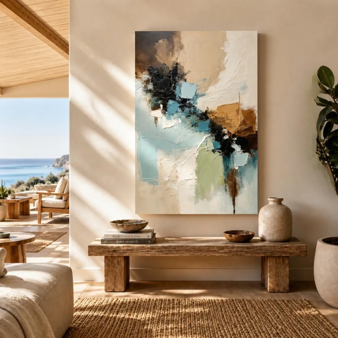 Publicité Giant Art : une toile abstraite bleue et ocre au-dessus d’un banc en bois, vue sur la mer