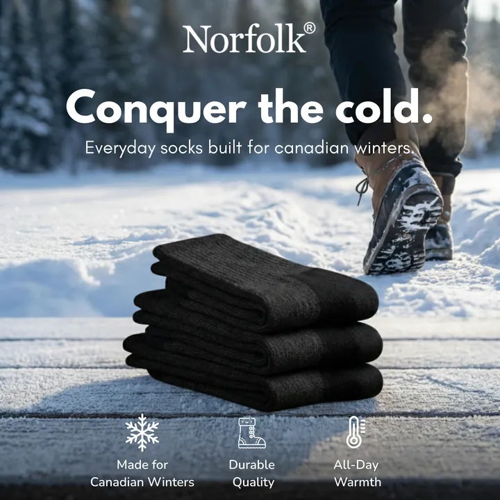 Publicité de chaussettes Norfolk « Conquer the cold »